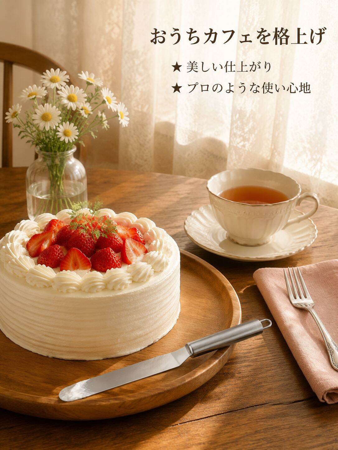 厚みのあるステンレス製のバタースパチュラ、ケーキデコレーションや表面を滑らかにするスクレーパー、直角のベーキングおよび型抜きツール。