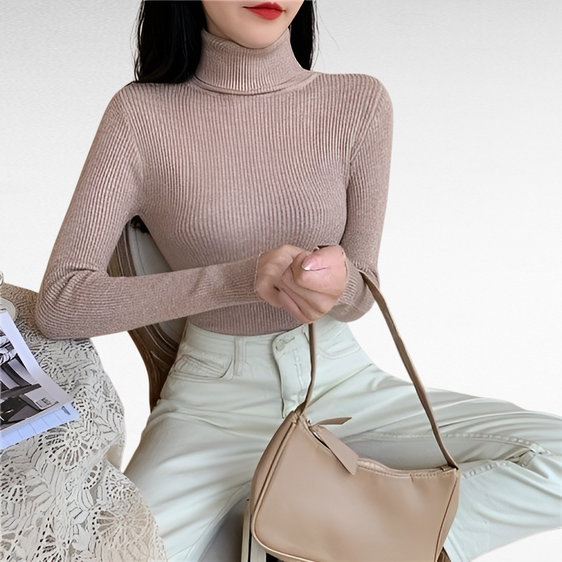 بلوفر نسائي بياقة عالية ضيق مناسب للخريف والشتاء بأكمام طويلة