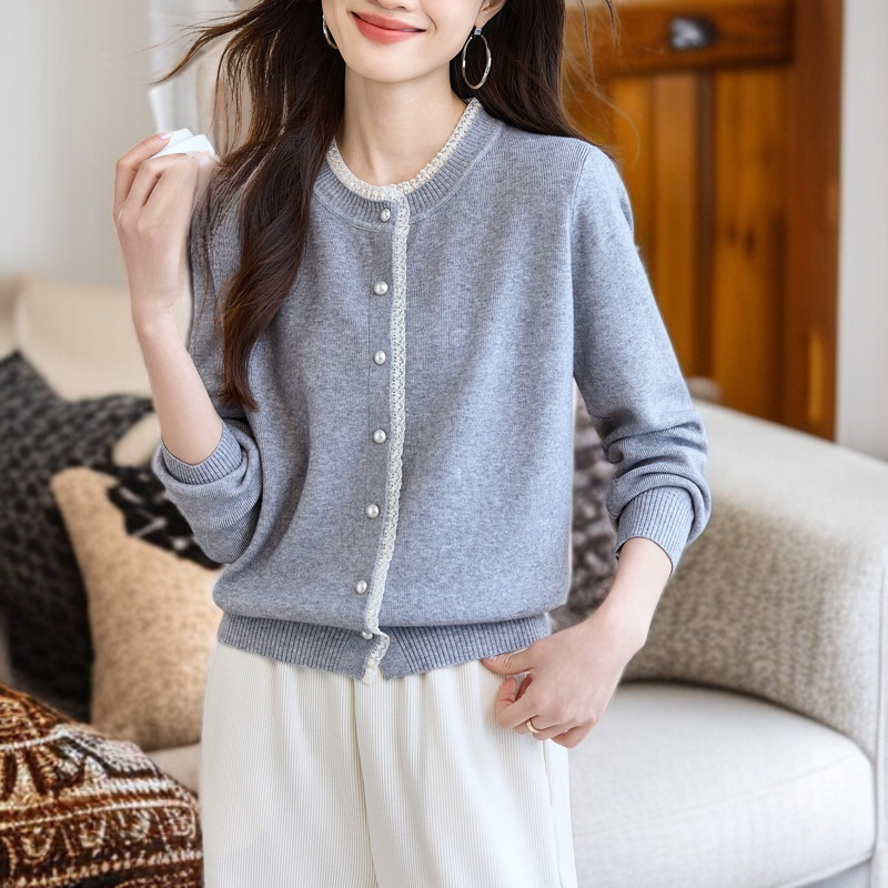 여성 그레이 니트 가디건 아우터 무드 상의 레이스 긴팔 니트