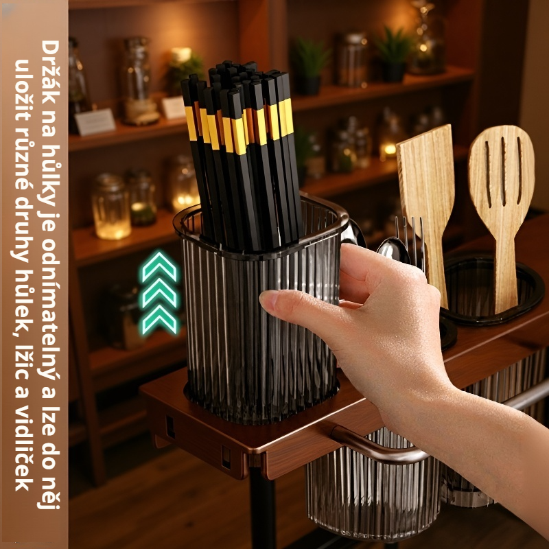 Nástěnný kuchyňský rohový stojan na nože a hůlky s integrovaným úložným prostorem