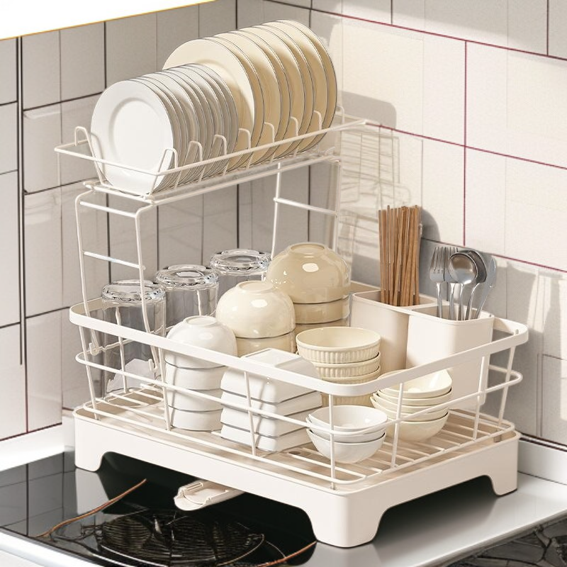 물빠짐 그릇 선반 가정용 탄소강 그릇 수납 선반 주방 선반 수저통 2단 그릇 선반 물빠짐 선반