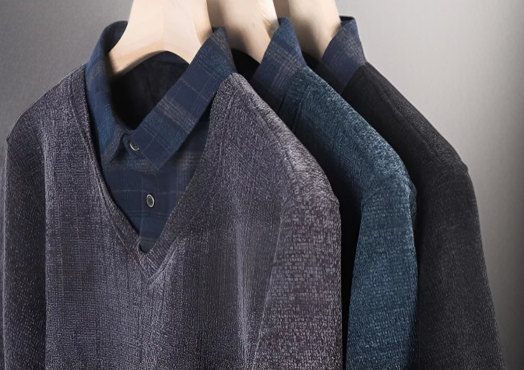 세련된 체크 칼라 디테일 확대 이미지