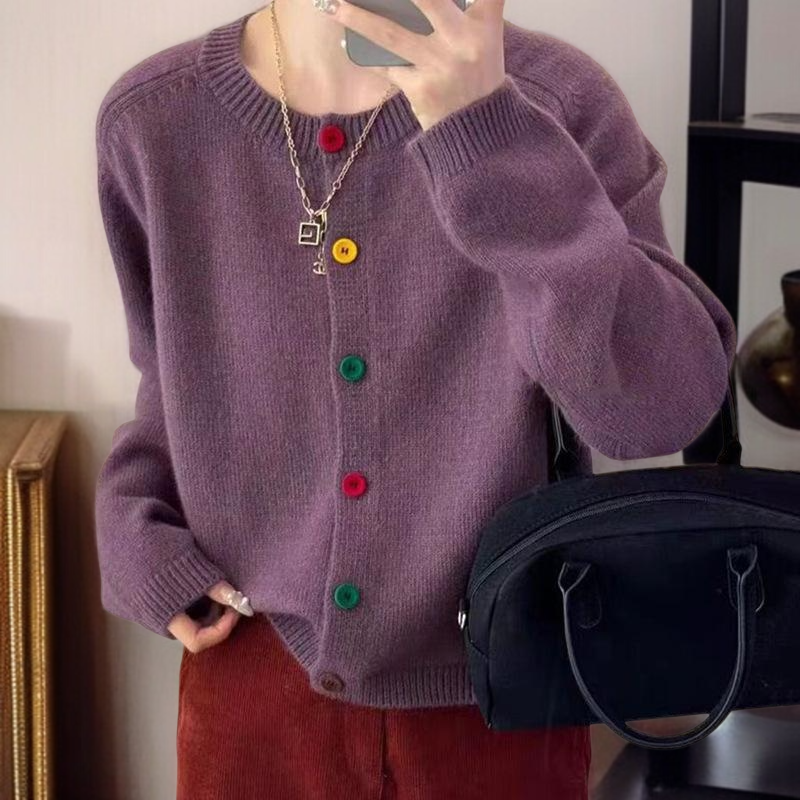 연령감소 쇼트 니트 카디건 코트 루즈 라운드 니트 카디건 단추 니트 카디건녀
