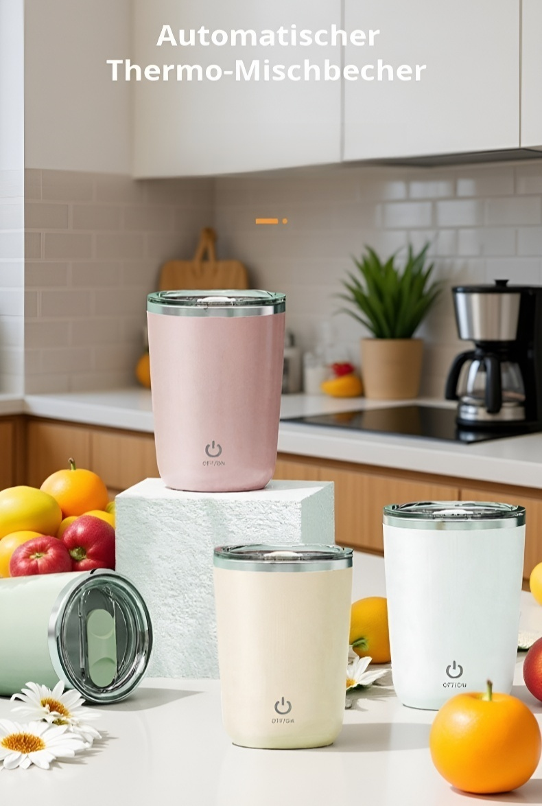 Tragbarer elektrischer Mixbecher aus Edelstahl auf gasfreier Küchenplatte