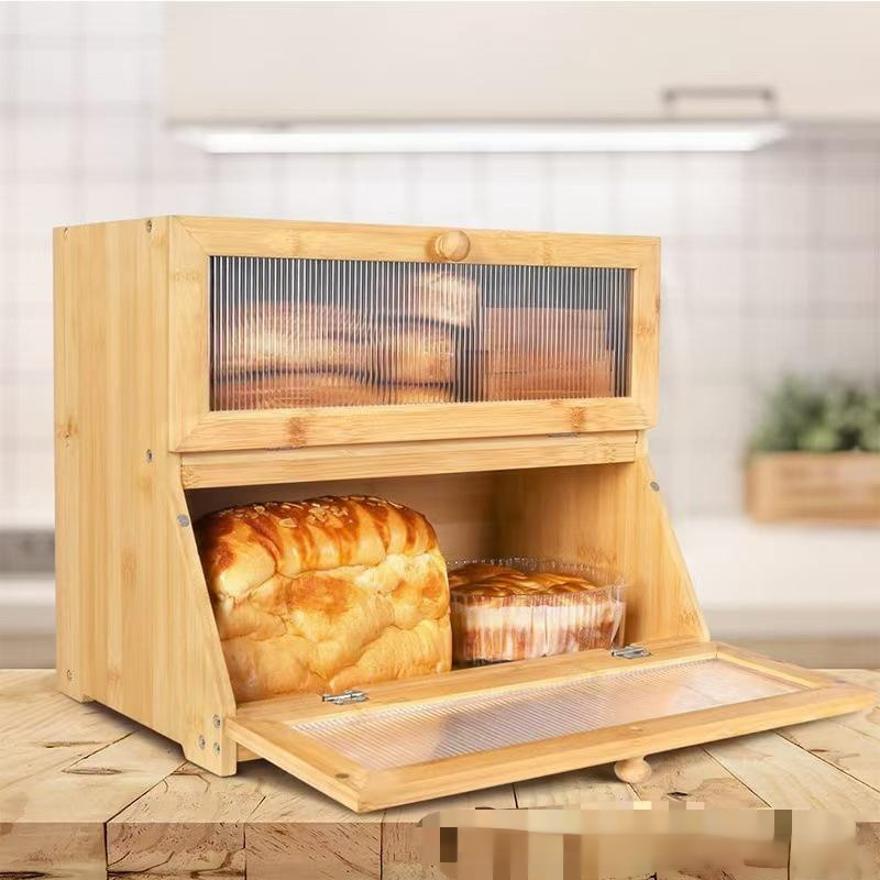 Double-layer bamboo bread box acrylic detachable fruit storage box solid wood snack bread box storag