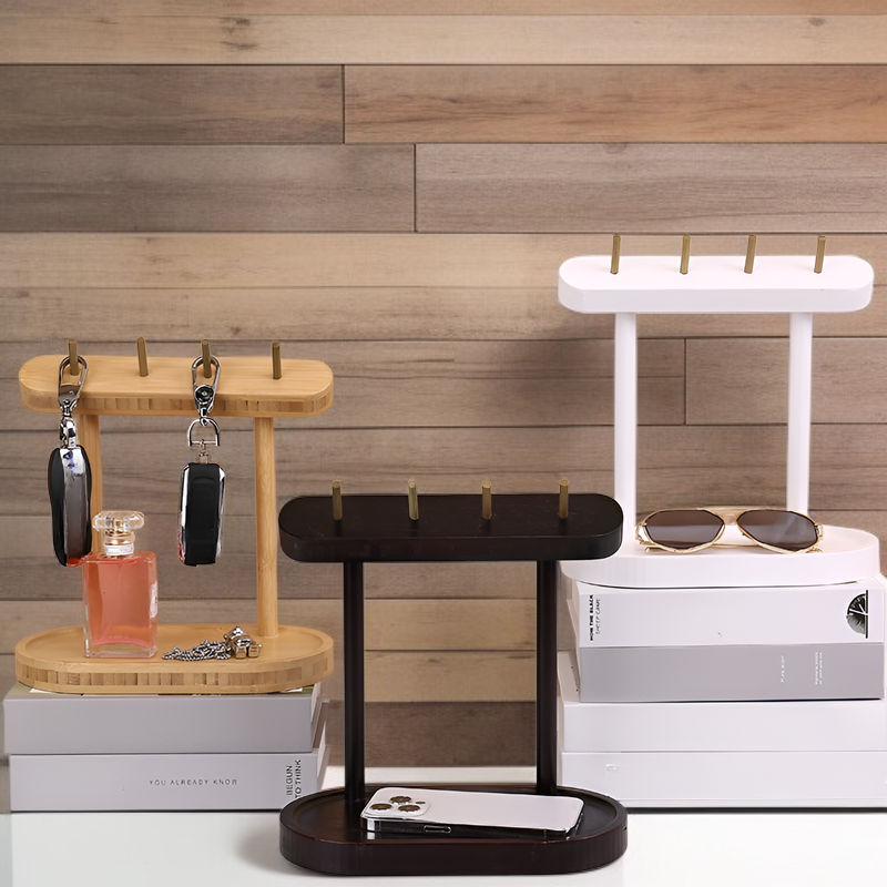 Wooden Key Hook Rack & Small Items Organizer, Clock & Jewelry Display Stand for Entryway