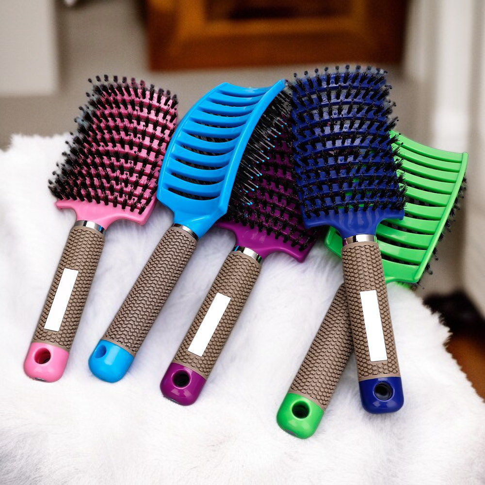 Lockenstyling-Bürste aus Wildschweinborsten, ergonomische Kopfmassagebürste, 9-reihiger Volumenkamm