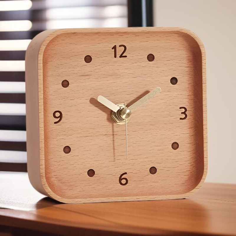 天然木時計のログスタイルのサイレント北欧スタイルのベッドサイドホームデスクトップ時計、マグネット式バックカバーで簡単に操作できます。