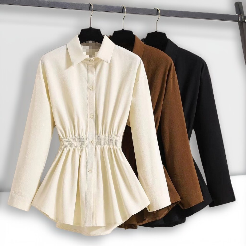 허리 조임 긴팔 캐주얼 슬리밍 탑