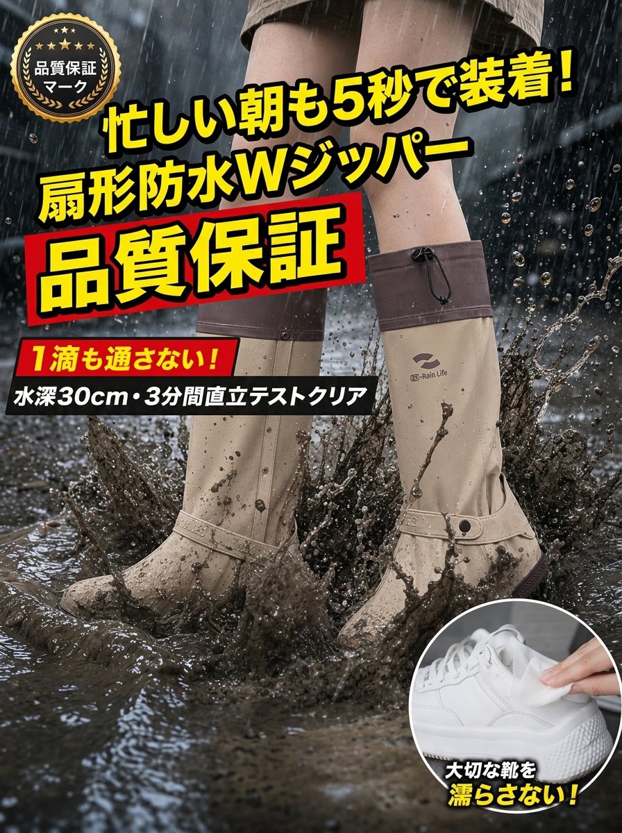 【靴もズボンも濡らさない】ゲリラ豪雨・台風を無力化！「5秒装着」完全鉄壁ロングレインカバー