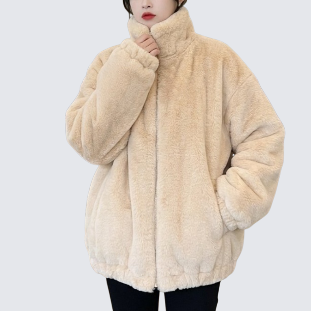 寬鬆仿兔毛立領毛絨外套