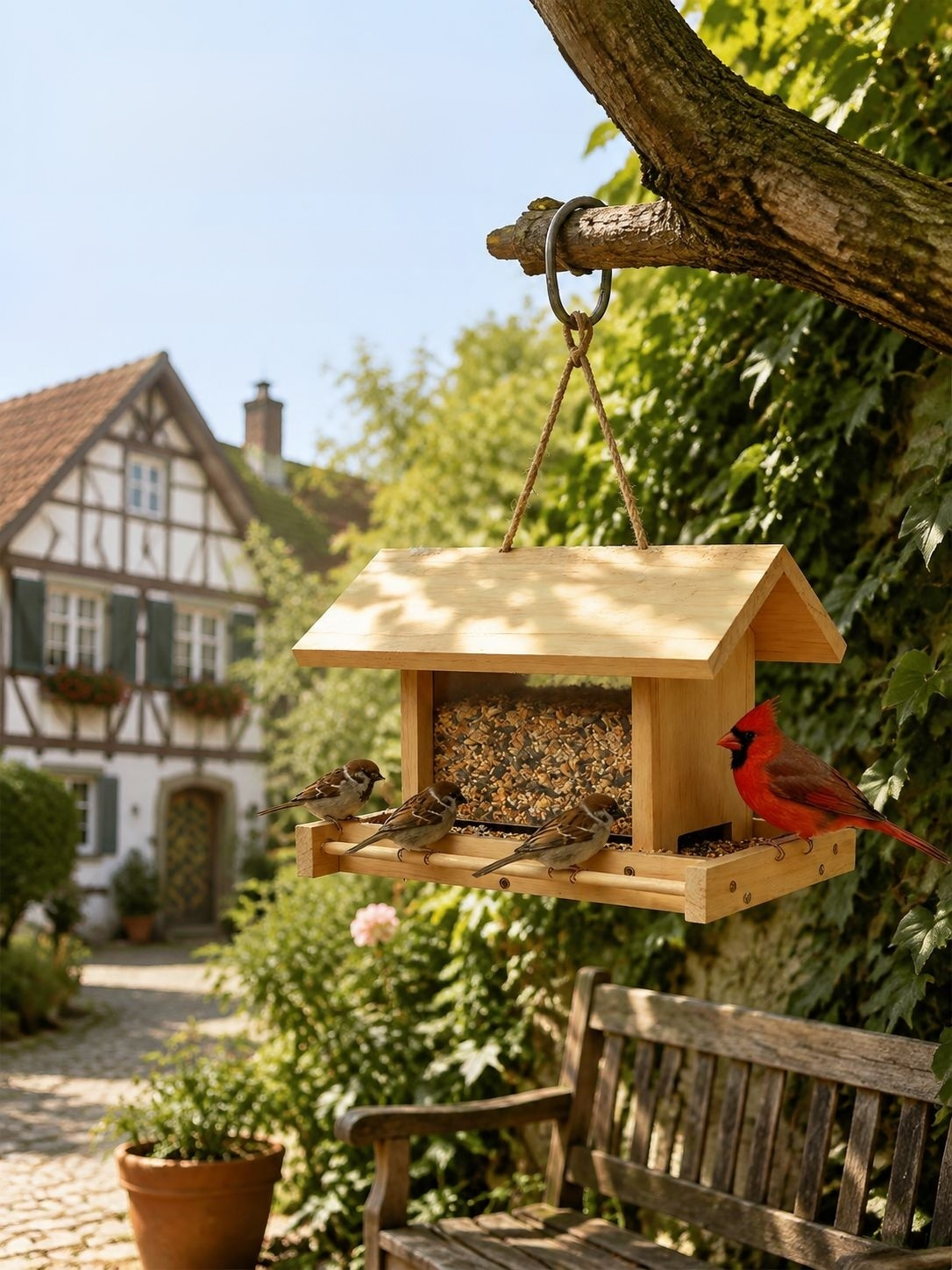 Vogel-Futterstation aus Kiefernholz, Villa-Stil, Pastoralischer Garten und Balkon-Hängedeko