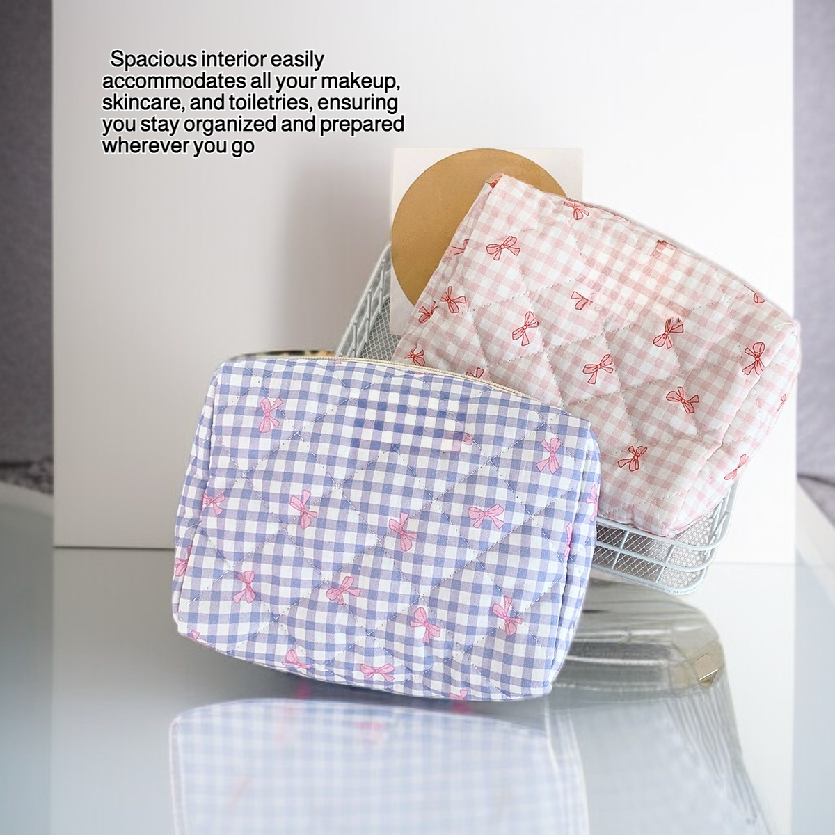 Large capacity cosmetic bag with plaid bow, portable toiletry bag