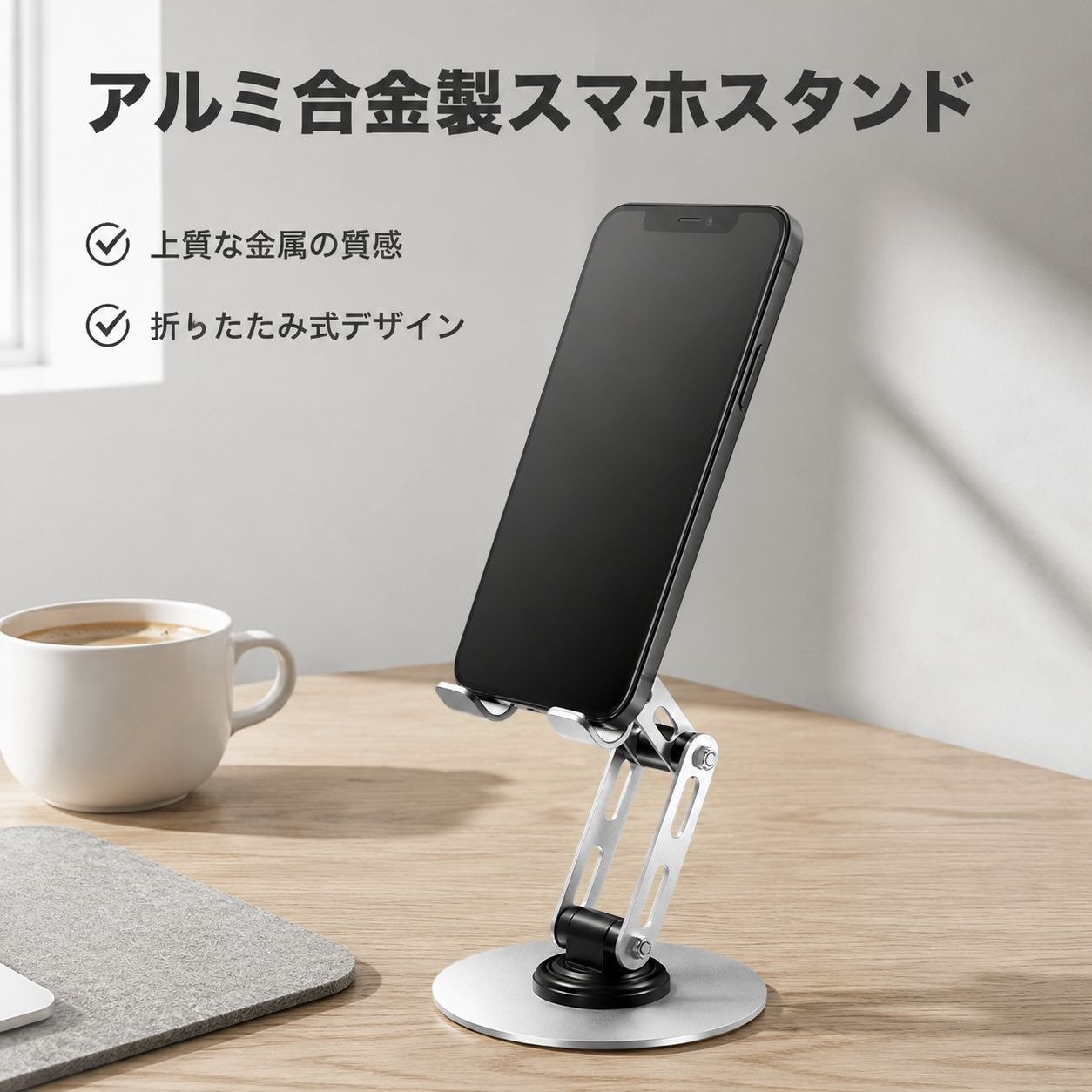360度回転オールメタル折りたたみスマホスタンド デスク用