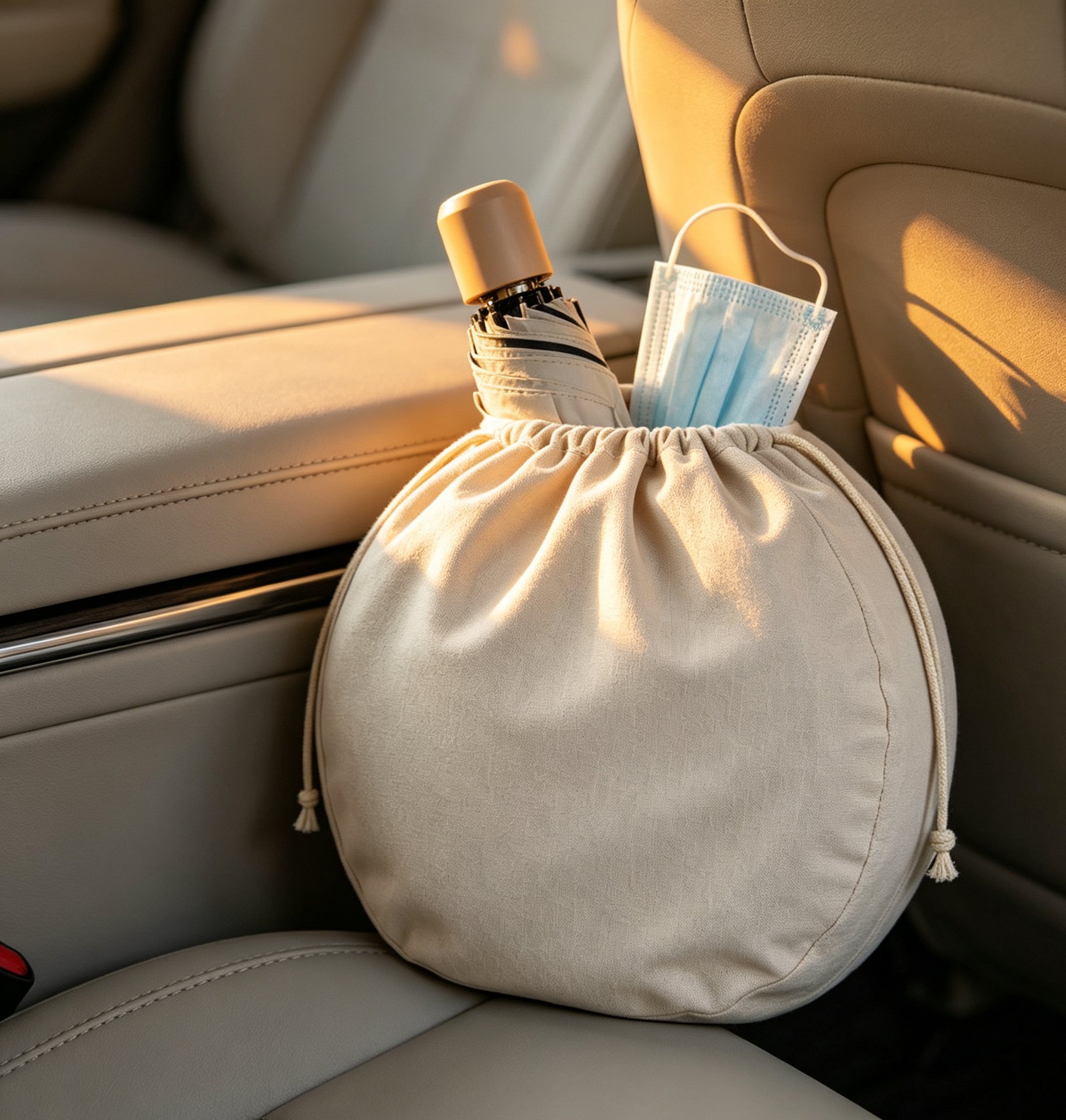 Car organizer bag attached to back seat holding toys and gadgets