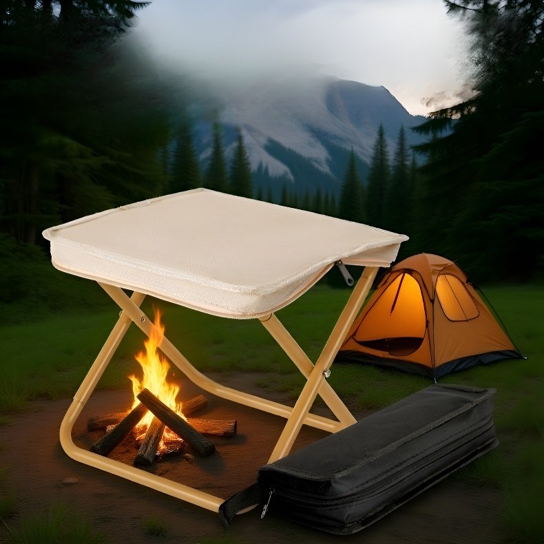 Outdoor handbag folding stool in nature setting