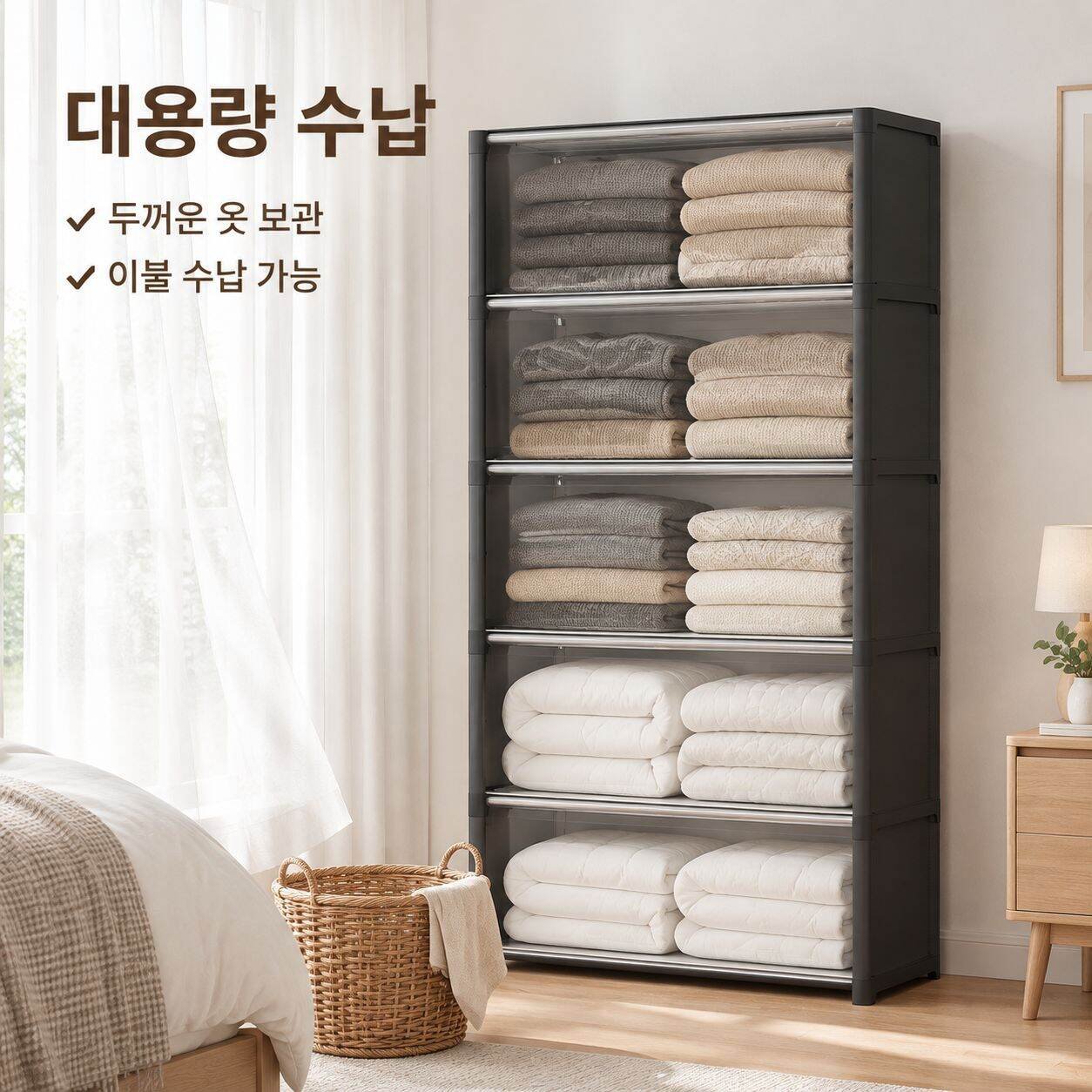 심플하고 투명한 플립형 다단 의류 수납장