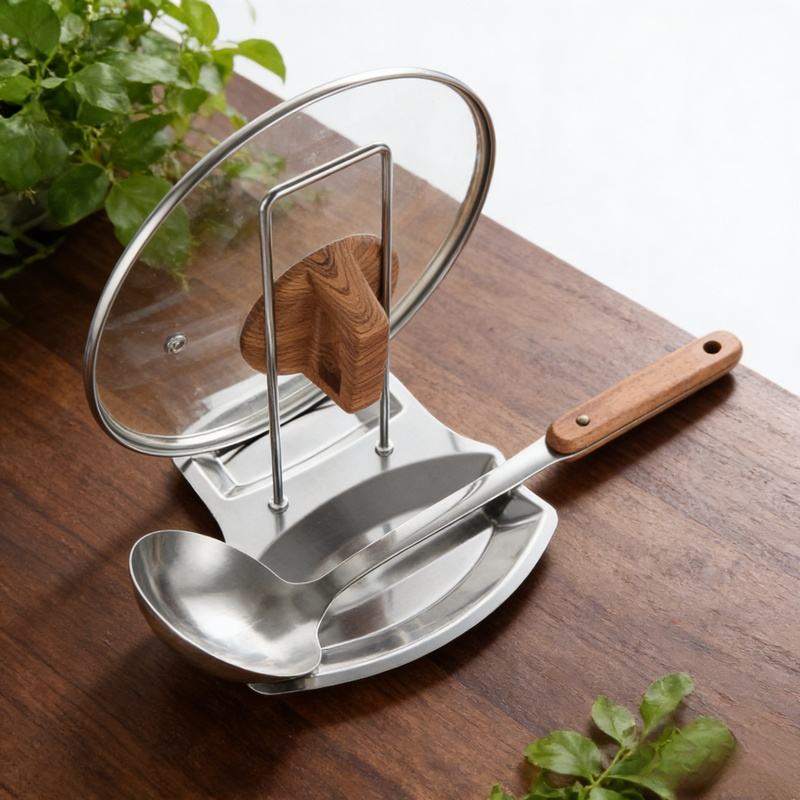 廚房免打孔不銹鋼鍋蓋勺架收納置物架帶沥水盤