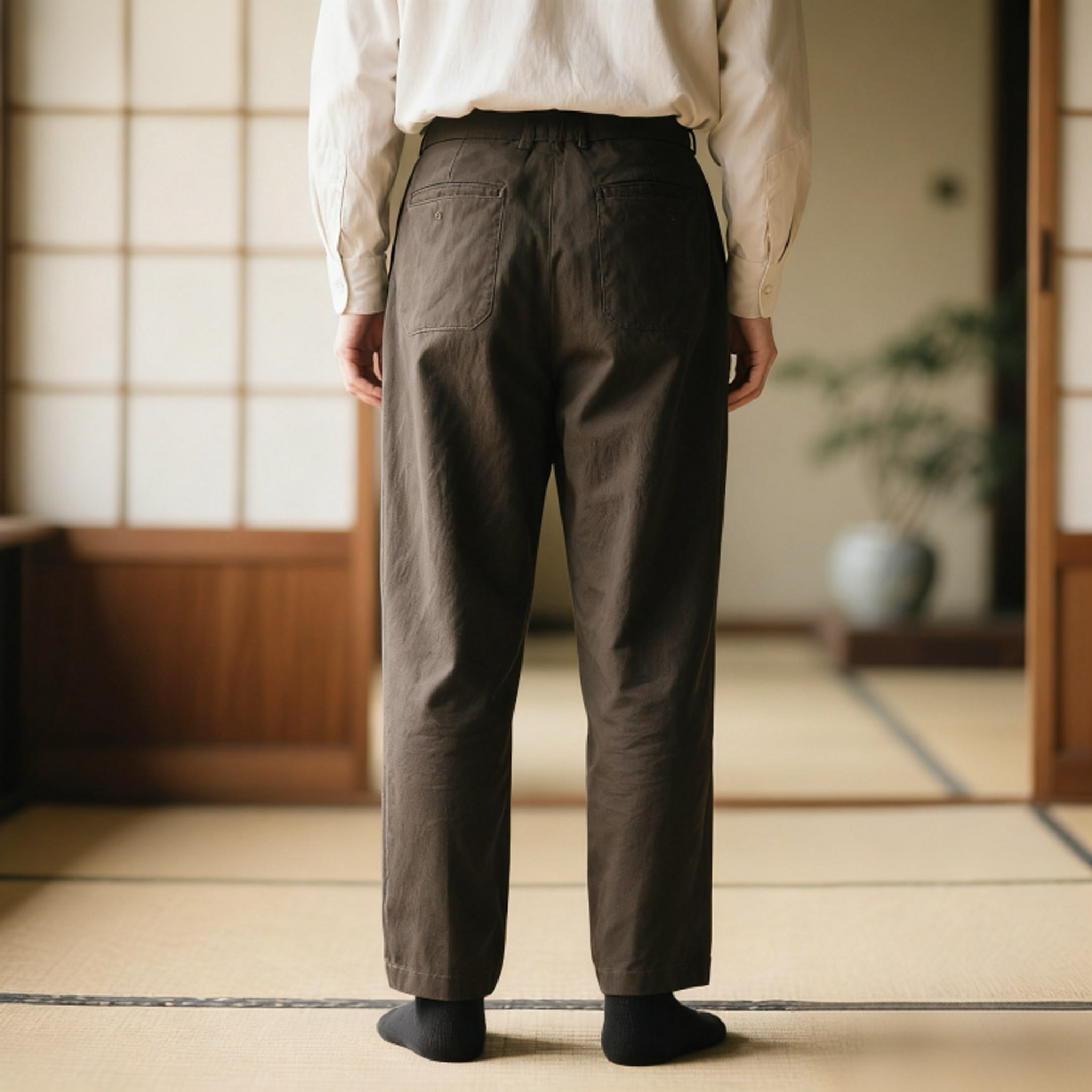 流れるようなシルエットの紳士用スラックス