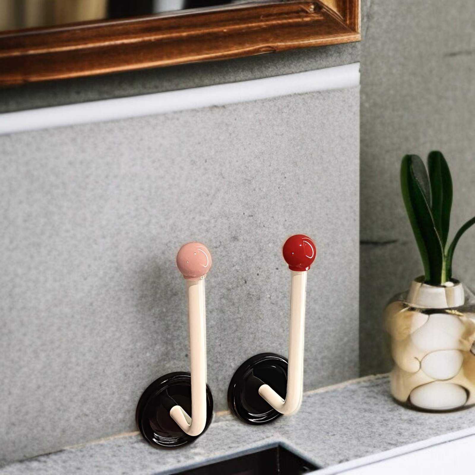 Modern hair ring and headband holder on bathroom wall