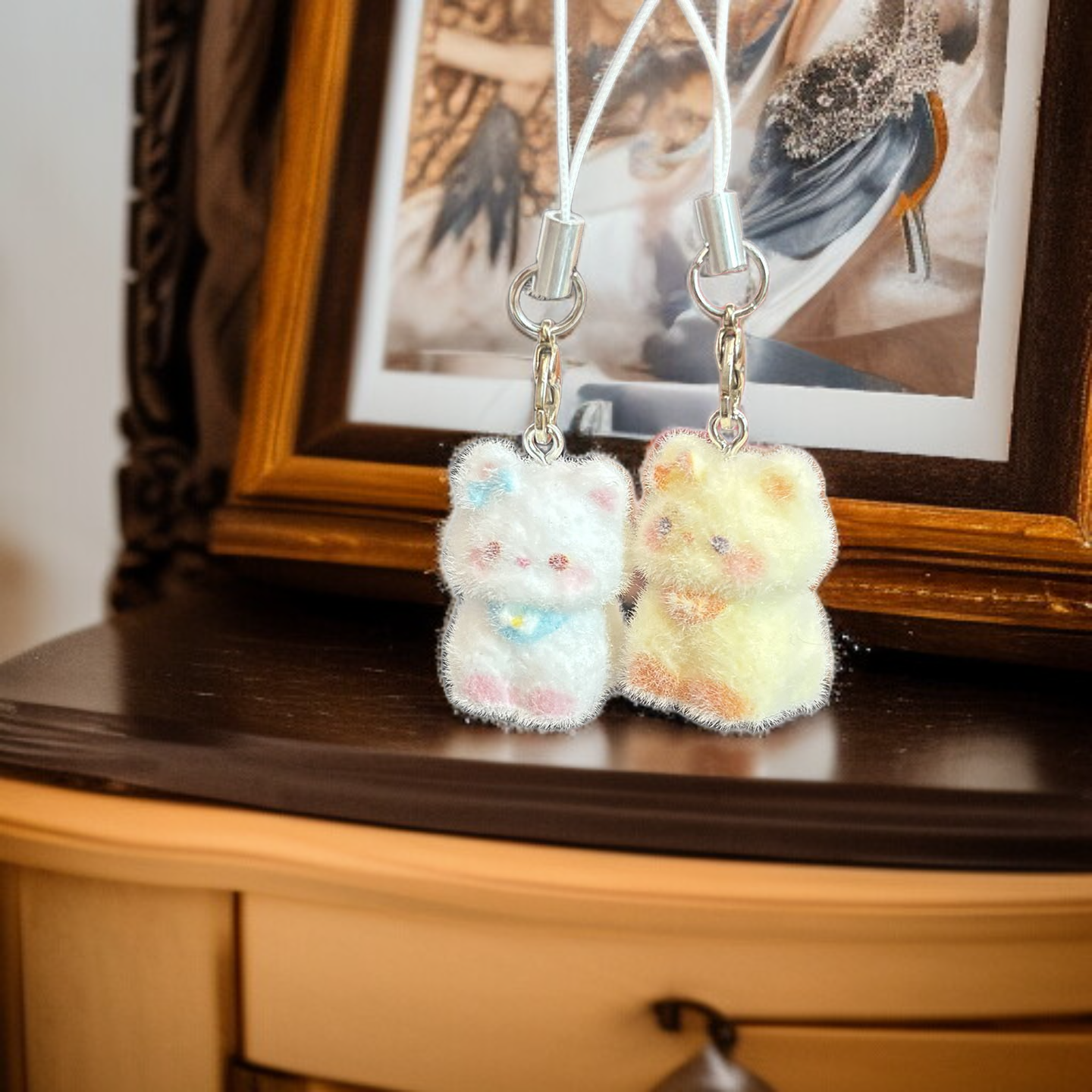  Cartoon Cute Flocking 3D Resin Cat Keychain