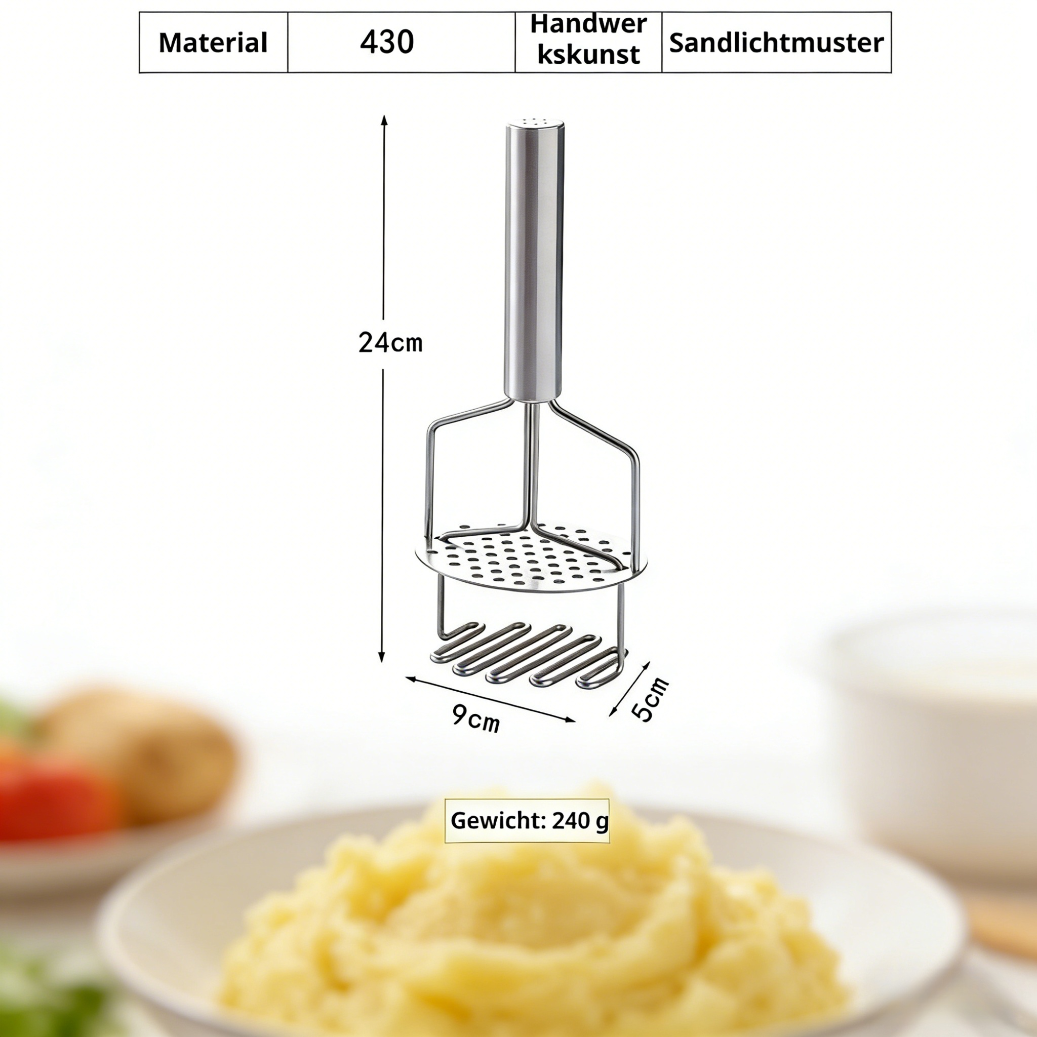 Kartoffelstampfer aus Edelstahl 430, manuelles Püreewerkzeug, Küchenhelfer