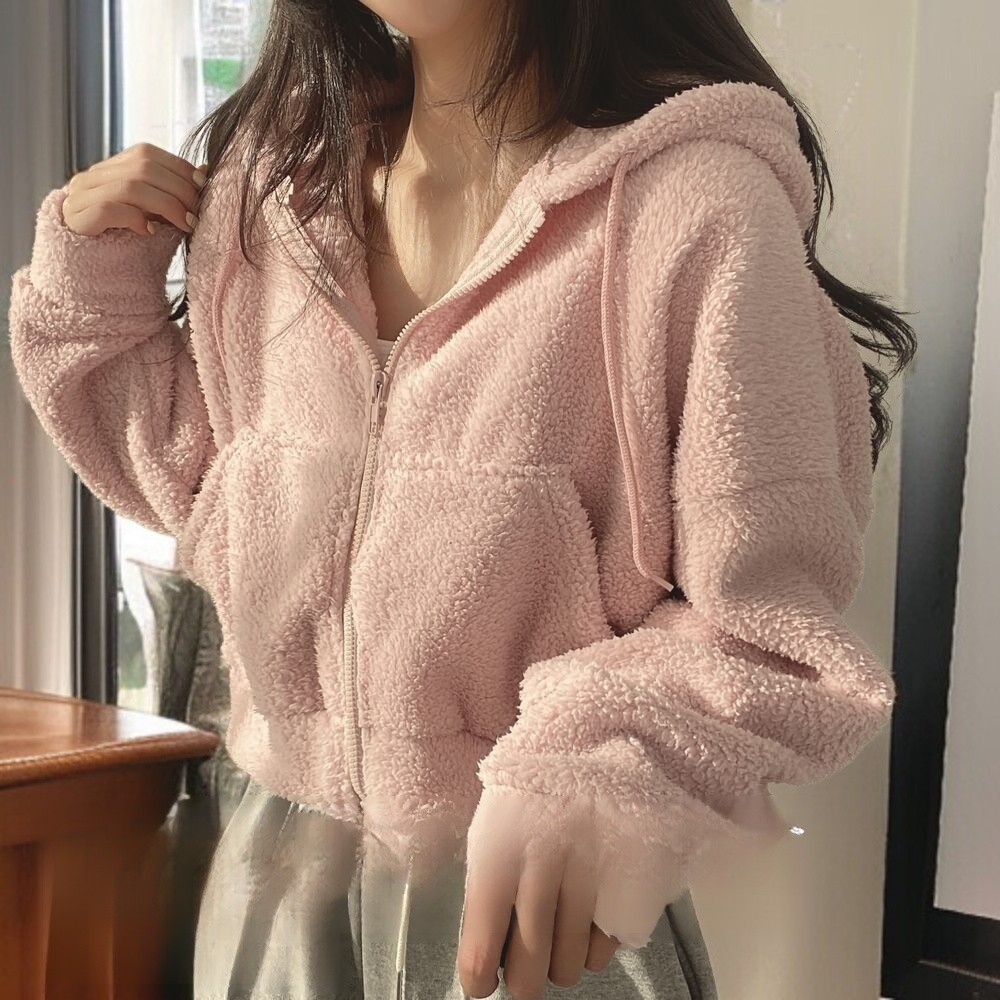 여성용 램스킨 후드 스웨트셔츠 재킷