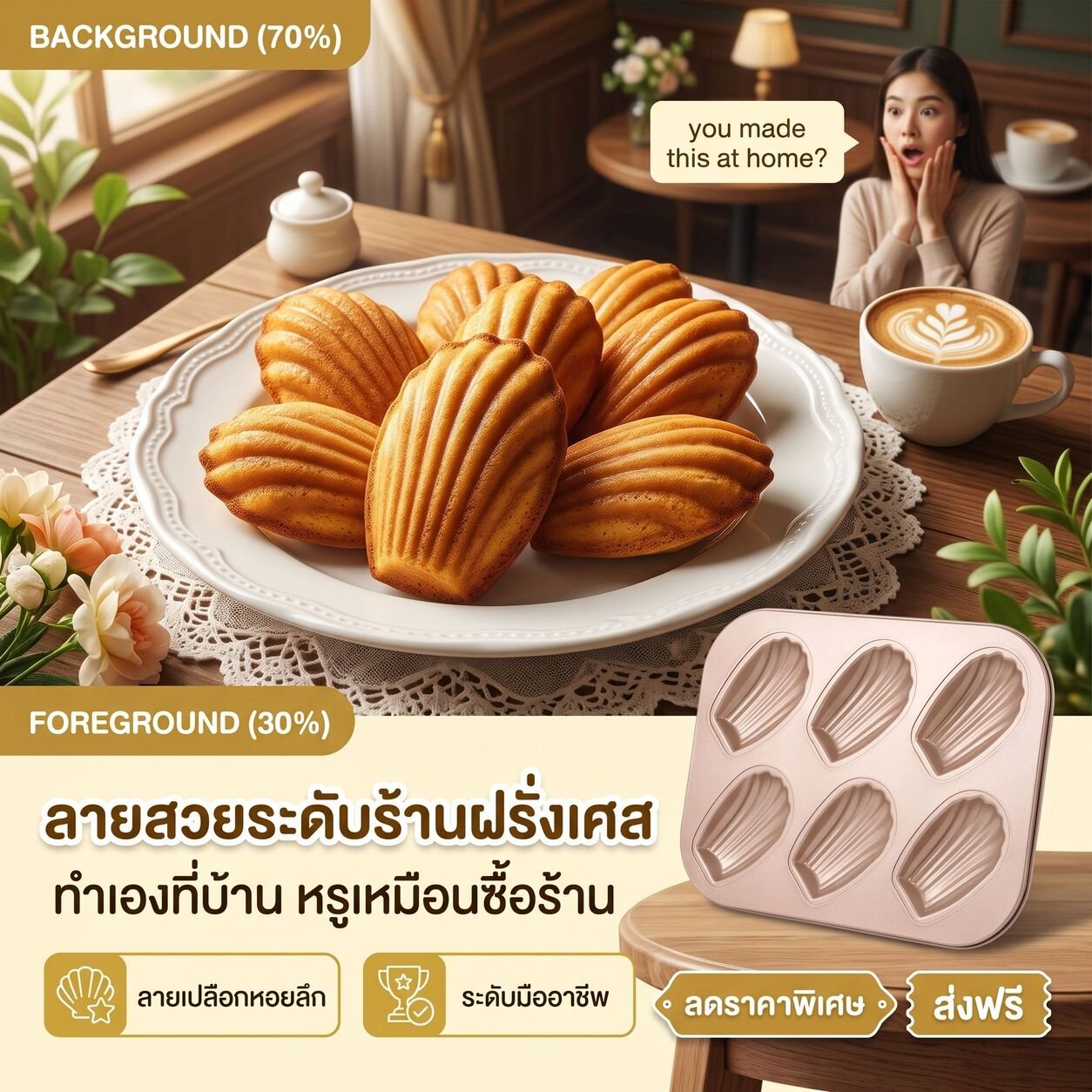ถาดอบมาดแลนแบบลึก 12 หลุม เคลือบซิลิโคน 