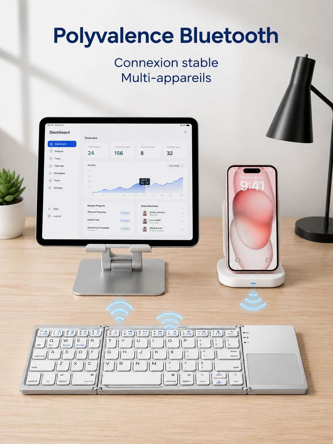 Clavier Bluetooth pliable à trois volets avec pavé tactile