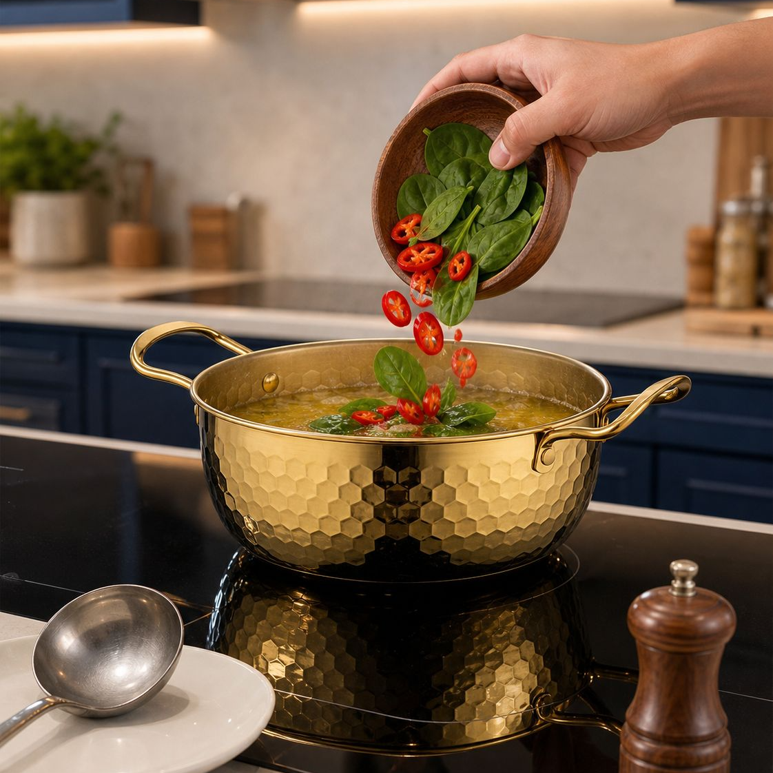 multifunction Soup pot frying pan Induction cooker Durable Gold Hammered on both ears Golden Noodle 