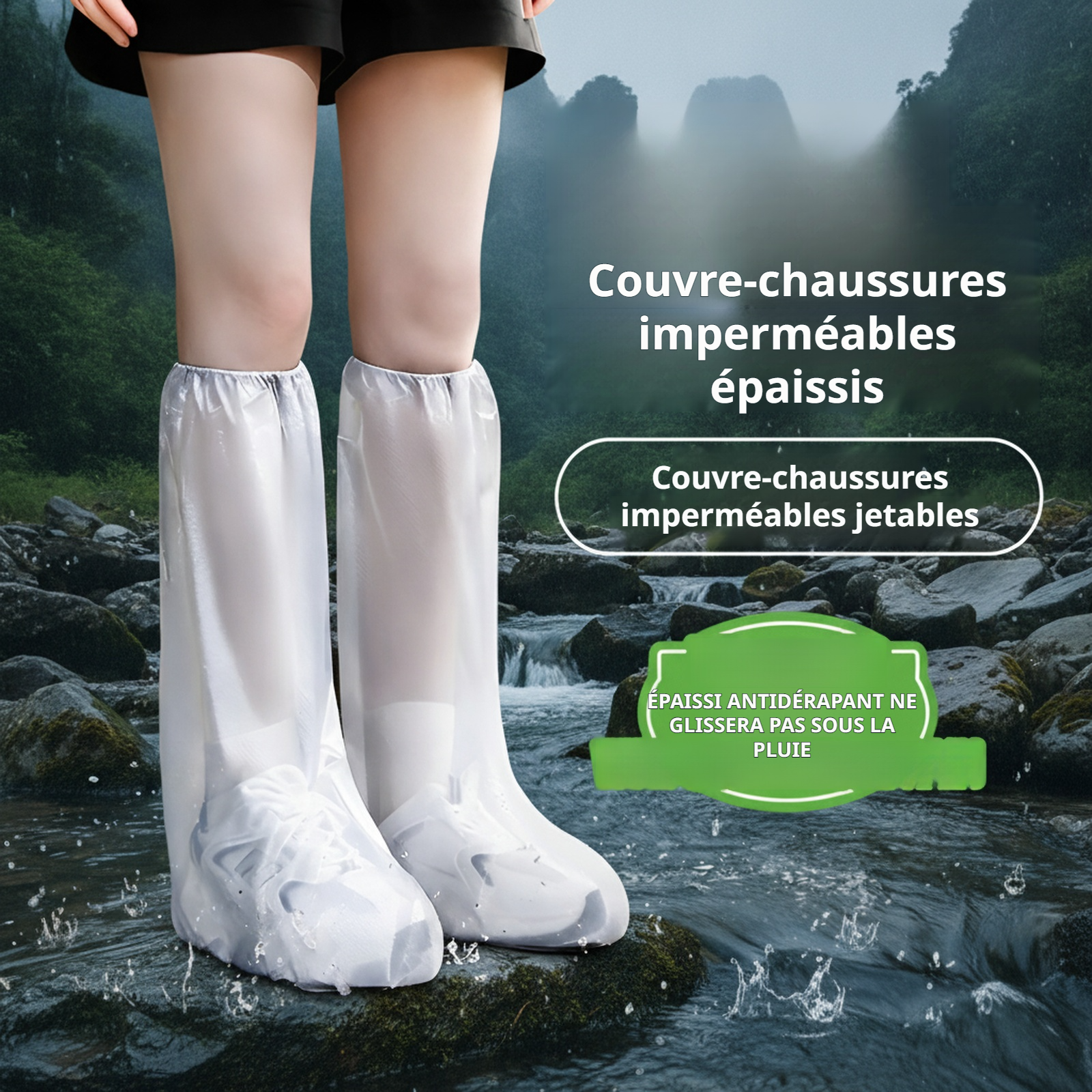Sur-chaussures jetables hautes, transparentes, imperméables, antidérapantes et épaissies