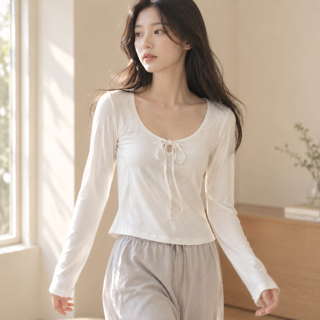 Nueva camiseta casual de mujer con tiras, manga larga para primavera y otoño