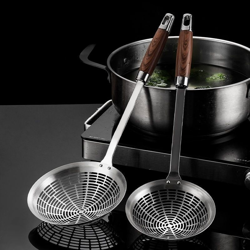 Stainless Steel Thickened Slotted Spoon with Wooden Handle