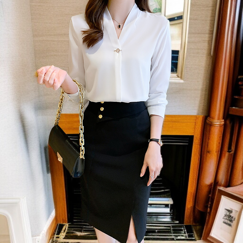 여성 화이트 긴팔 작업복 브이넥 긴팔 셔츠 패션 기질 정장 화이트 셔츠 여