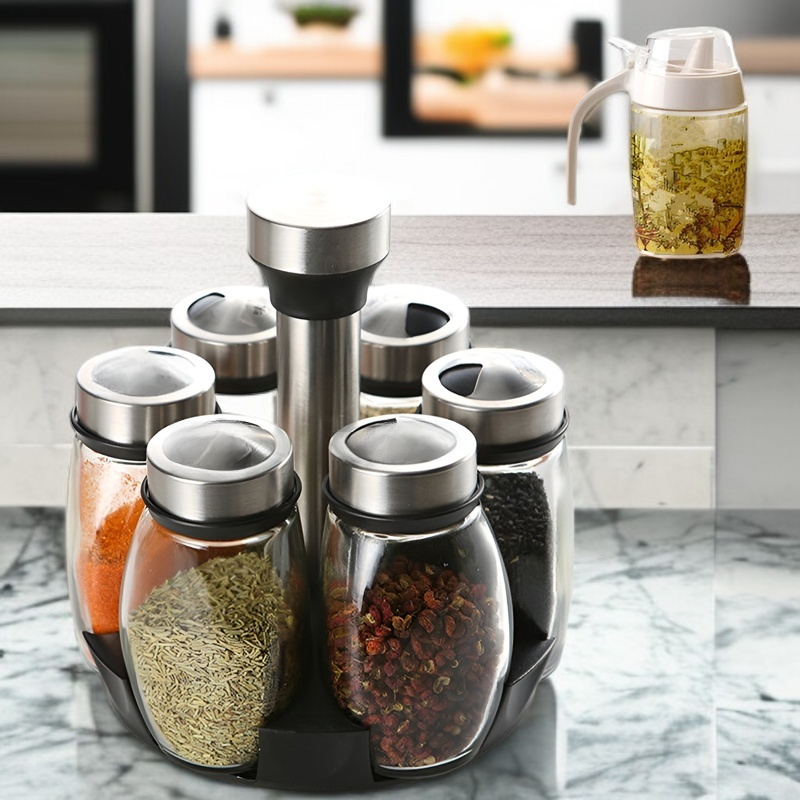 回転式ステンレスガラス調味料瓶、キッチンやバーベキューに最適