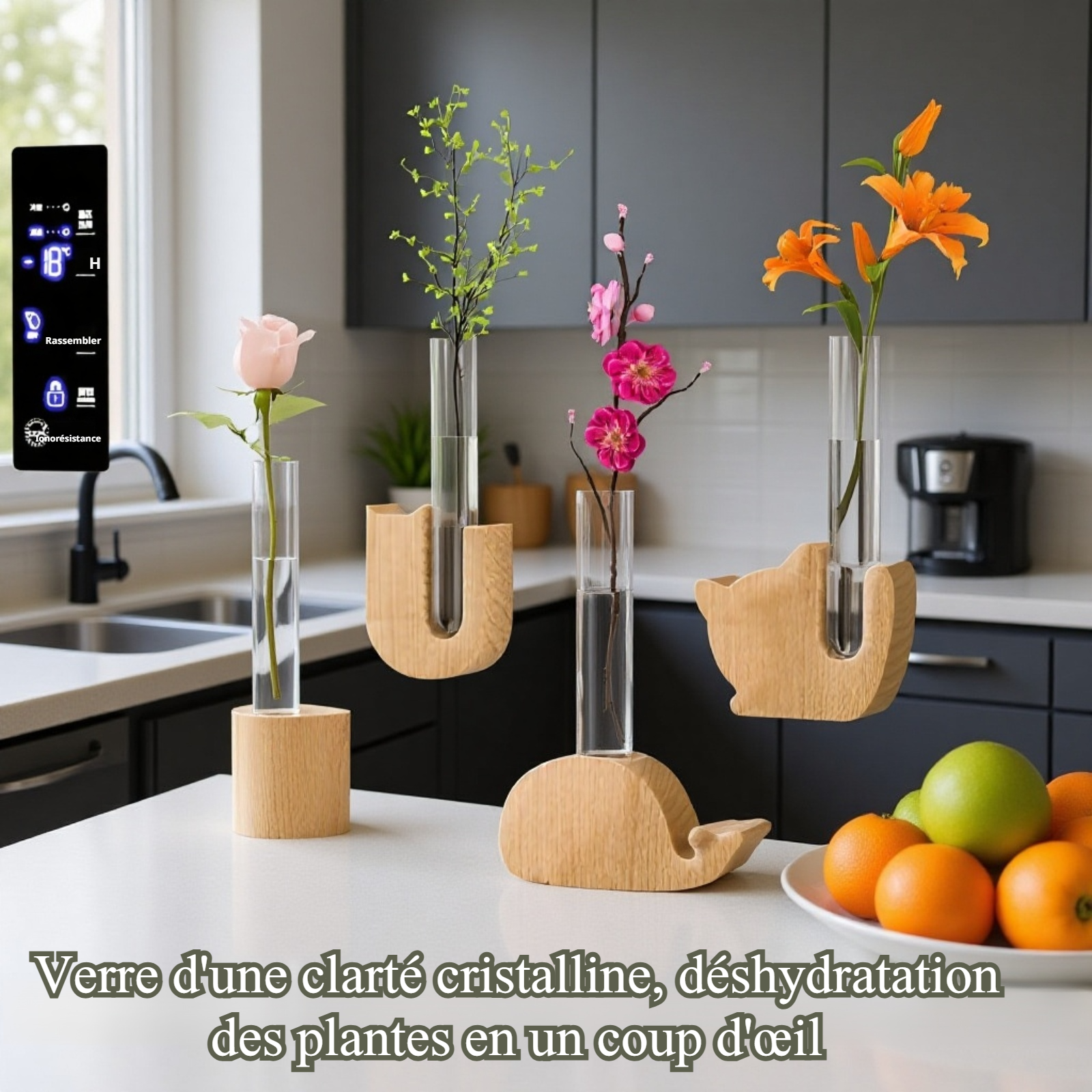 Vase magnétique en tube à essai en bois naturel pour réfrigérateur