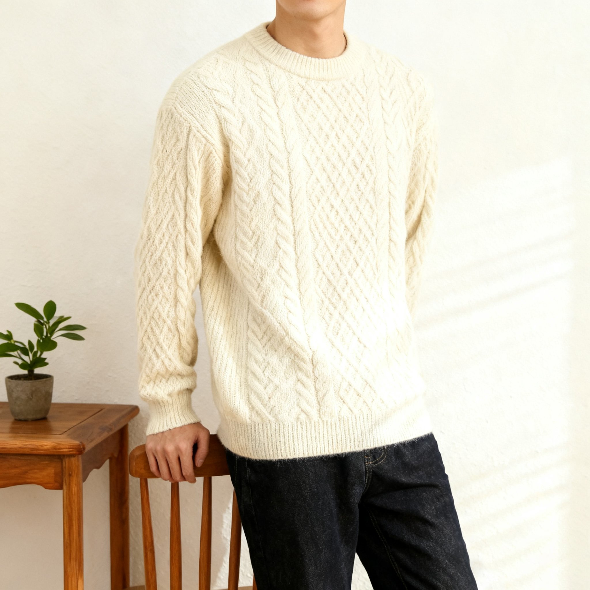 남성 라운드넥 꽈배기 니트 착용 이미지