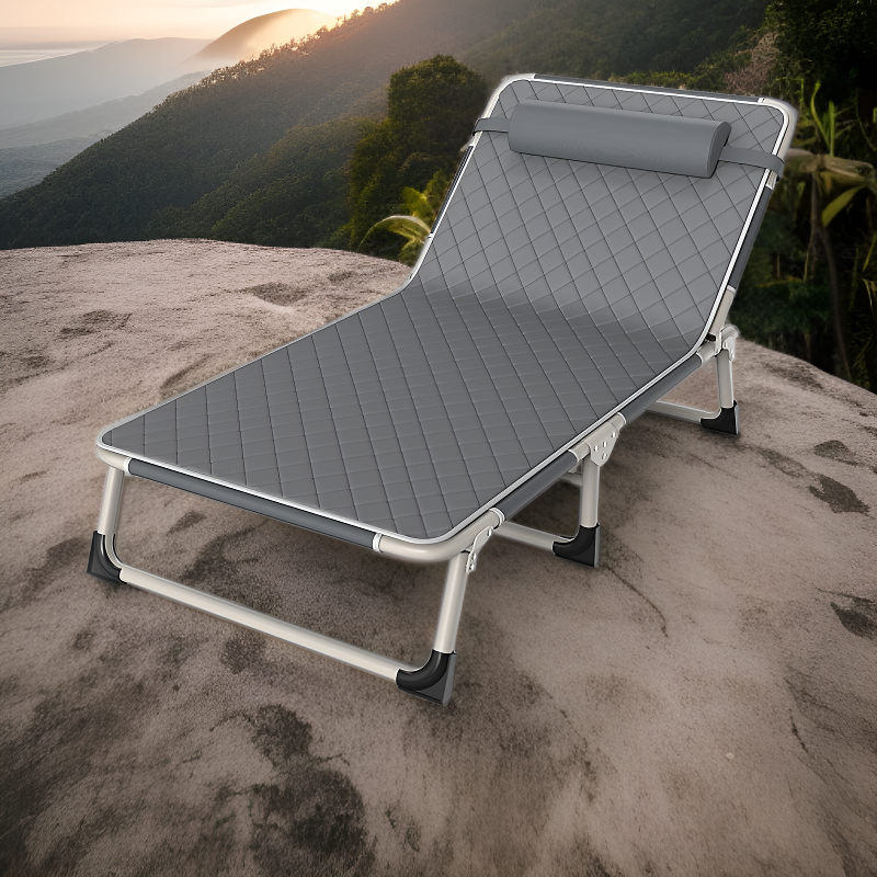 Outdoor three-fold no-assembly iron tube bed with pillow