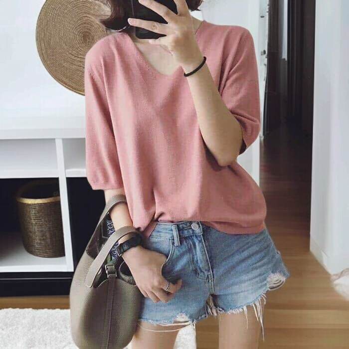 여성 이너 니트 반팔티 캐주얼 반팔 티 상의 순색 브이넥 반팔티