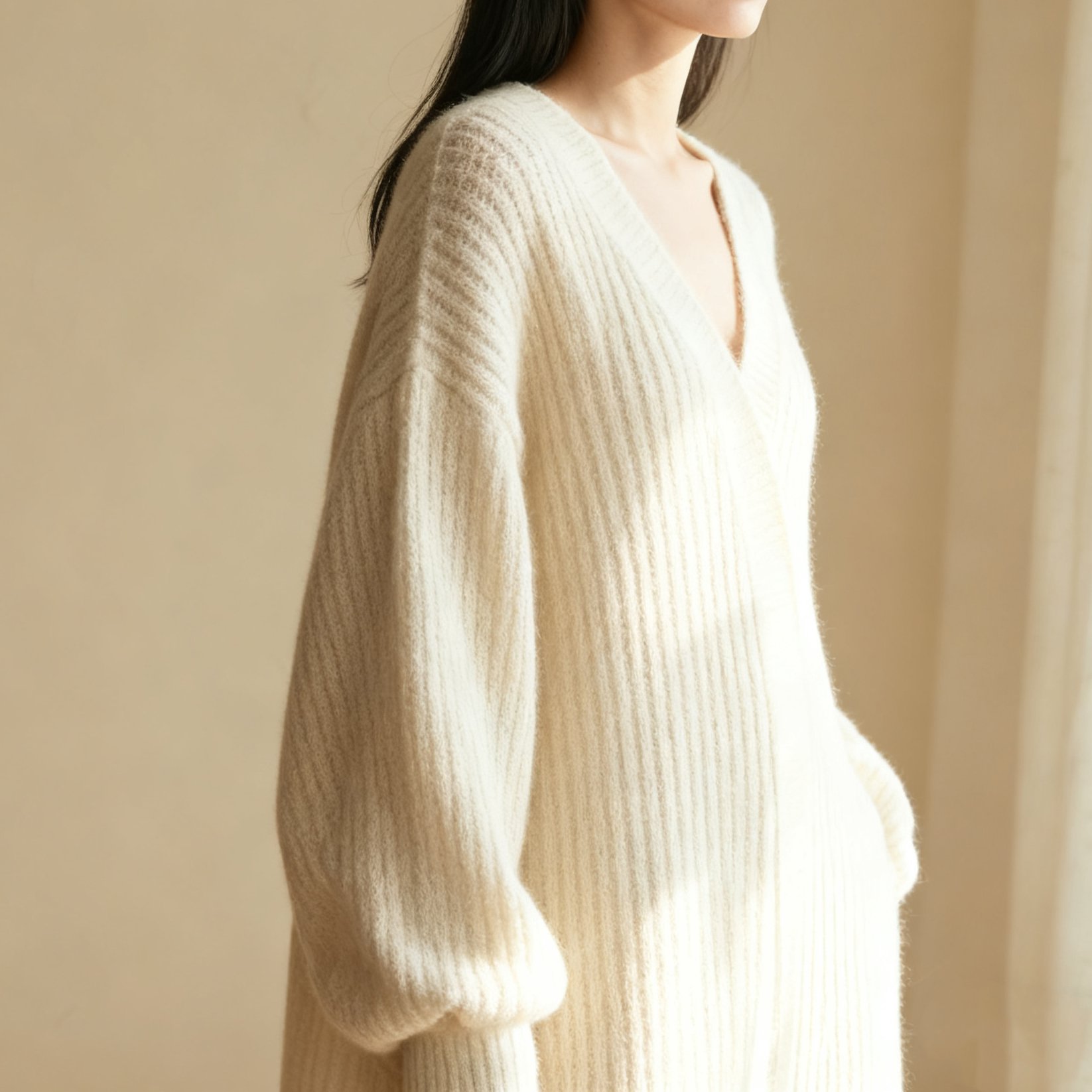 여성용 깊은 브이넥 니트 원피스 착용 이미지