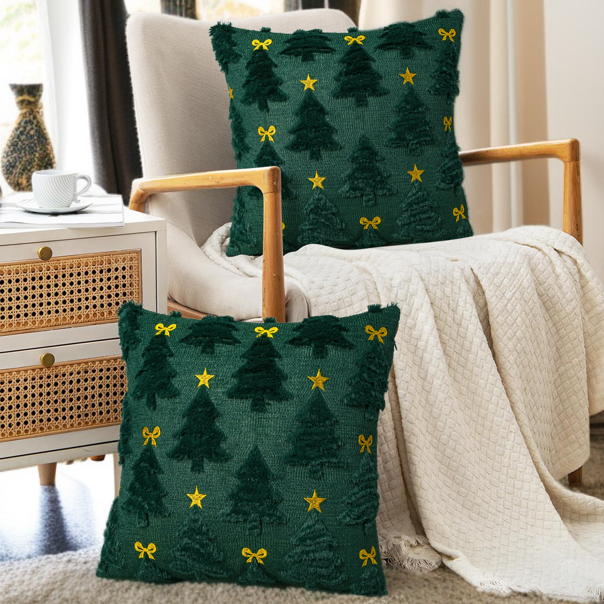 크리스마스 베개 커버 리본 오각별 크리스마스 트리 베개 커버