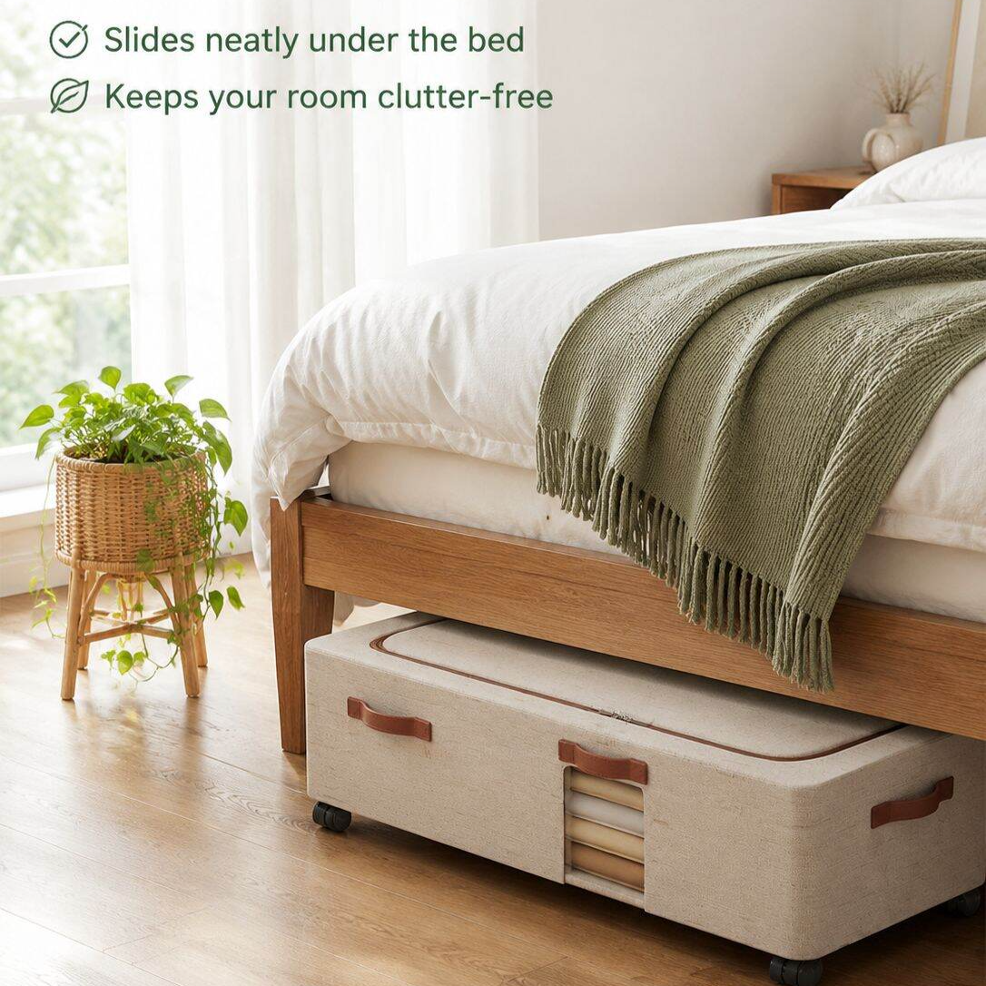 Cotton and linen under-bed storage box with wheels and lid, flat household clothing and quilt storag