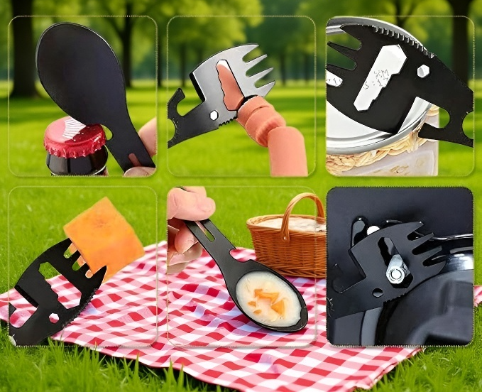 Multifunktions-Flaschenöffner integriert in Camping-Besteck