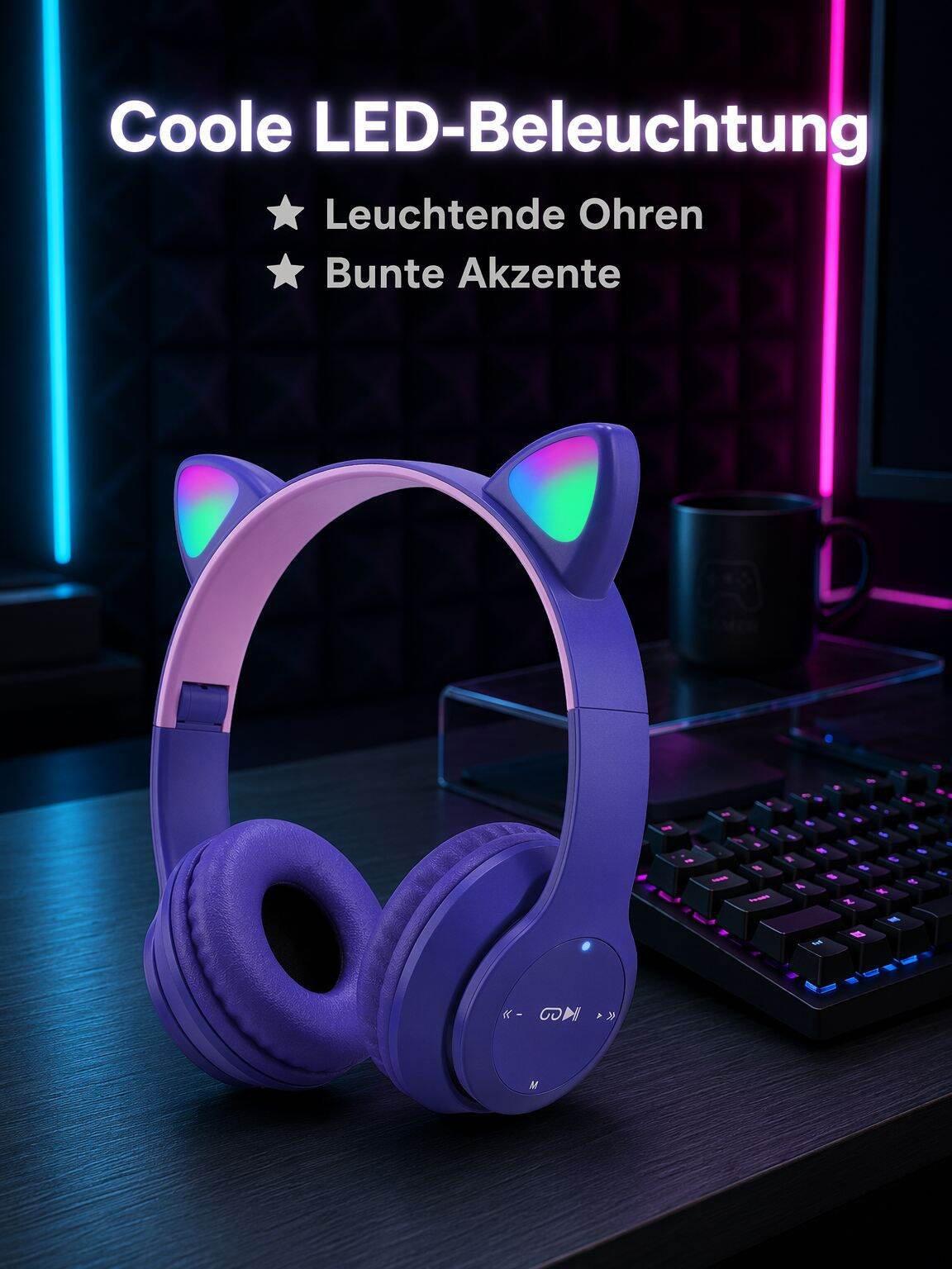 Kabellose Bluetooth-Kopfhörer mit Cartoon-Katzenohren