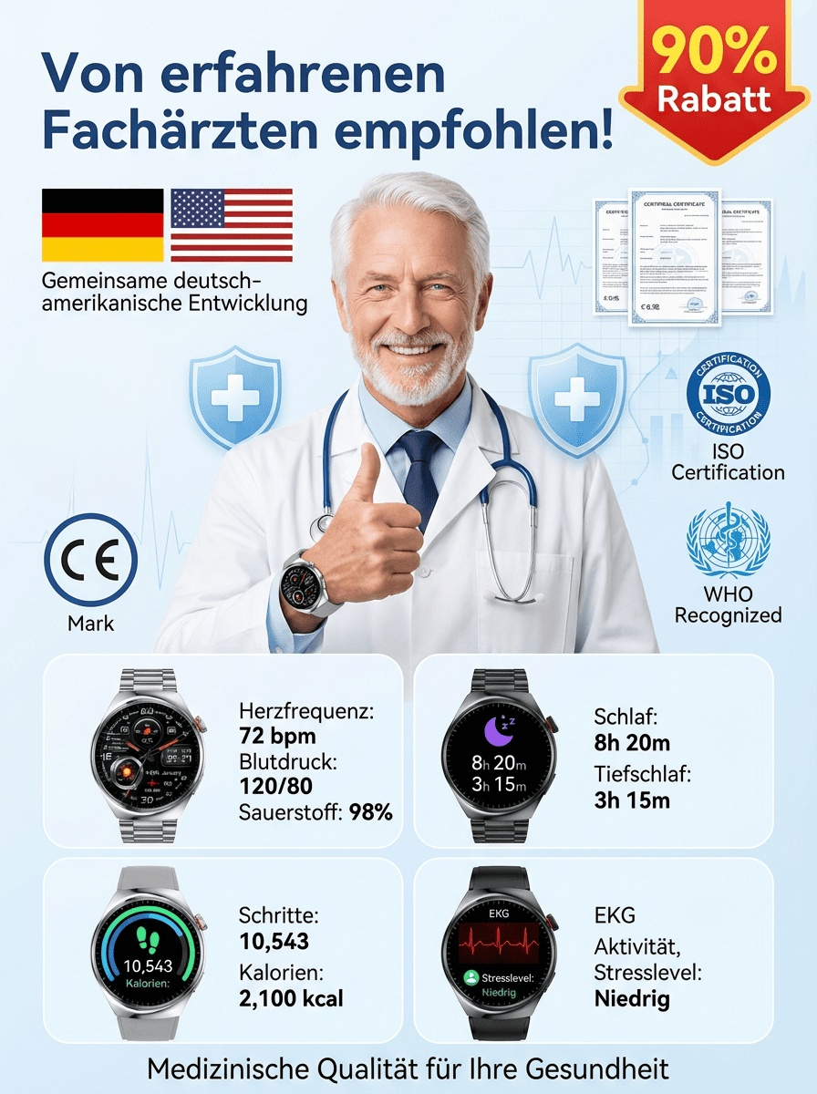 【Von Ärzten empfohlen】Die neueste Generation der Smart-Health-Watch！Messungen lebenslang kostenlos!