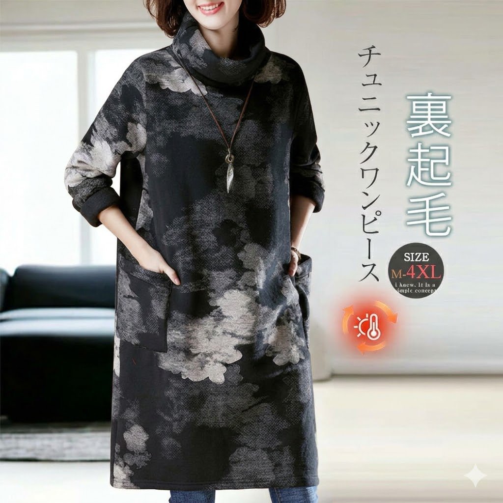 おしゃれ度アップ 着瘦せ 大きいサイズ 裏起毛 総柄 ポケット付き プリント ハイネック ワンピース