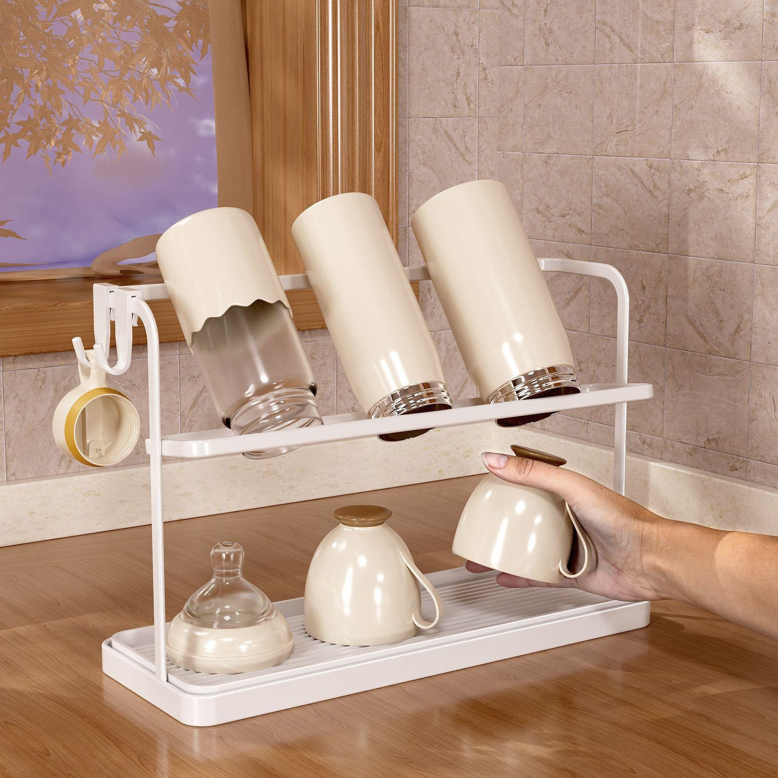 キッチンデスクトップ二層逆さ排水カップラック茶器収納ラック