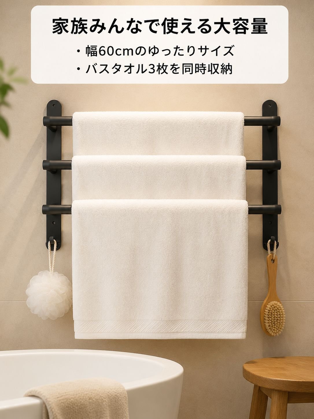 穴あけ不要バスルーム収納棚・タオル掛け一体型ラック
