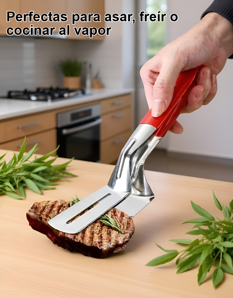 Pinzas de acero inoxidable para voltear pescado en sartén