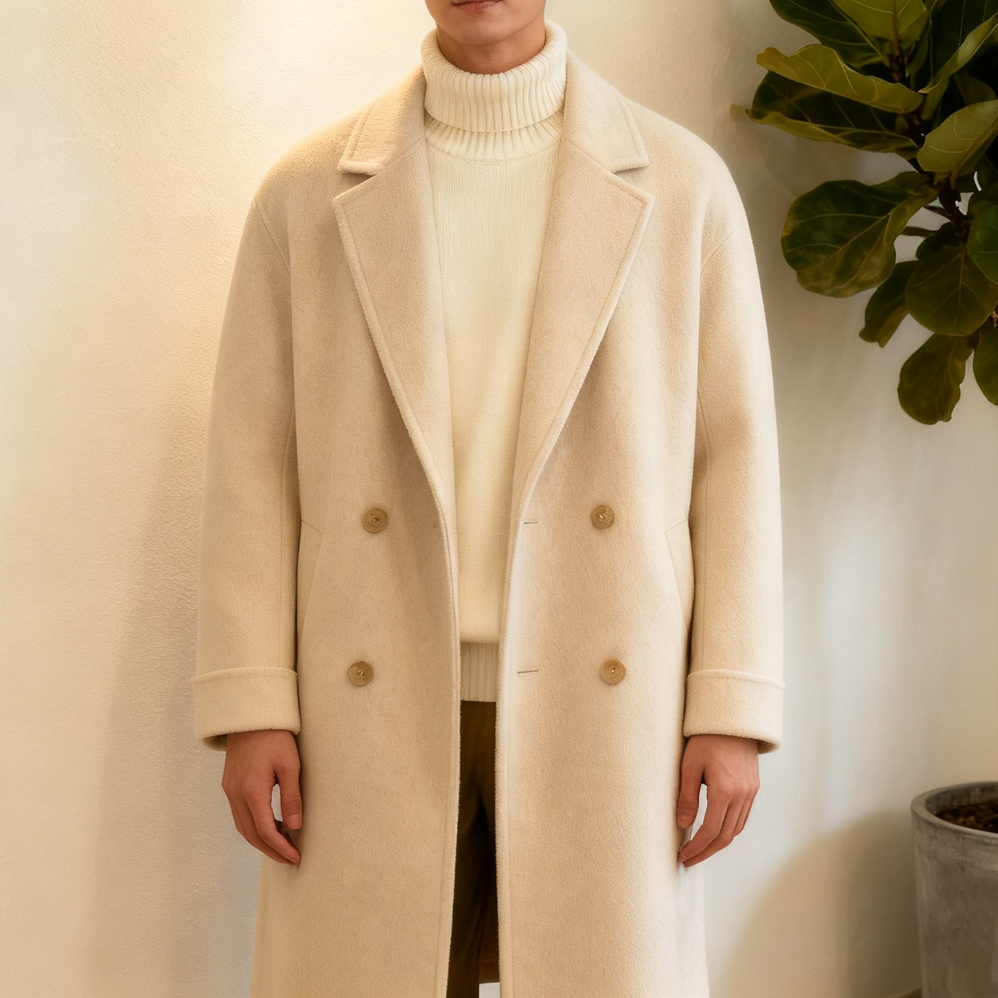  남성용 따뜻한 베이지 클래식 더블버튼 코트